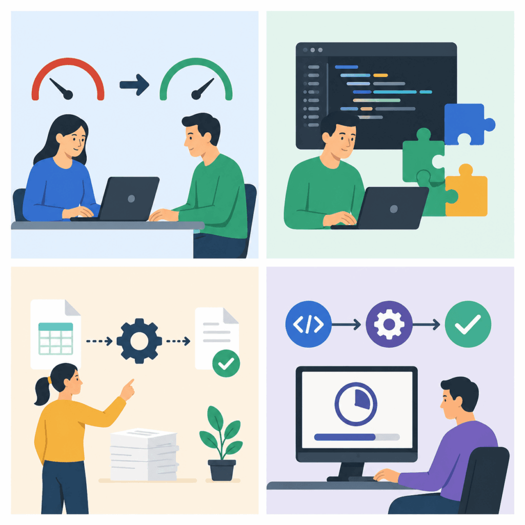 Two coworkers on either side of a table coding, with red and green speed gauges above suggesting improvement.