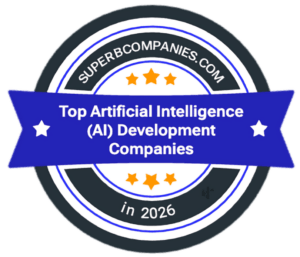 Award badge stating 'Top Artificial Intelligence (AI) Development Companies in 2026' from superbcompanies.com with blue ribbon and orange stars.
