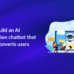 Hero banner showing Mallow Technologies logo with the headline 'How to build an AI conversation chatbot that actually converts users' and an illustration of a friendly robot on a laptop surrounded by people and chat bubbles.