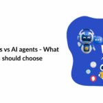Mallow Technologies logo with the headline 'AI chatbots vs AI agents – What businesses should choose' on white background; blue abstract shape with robots on the right.