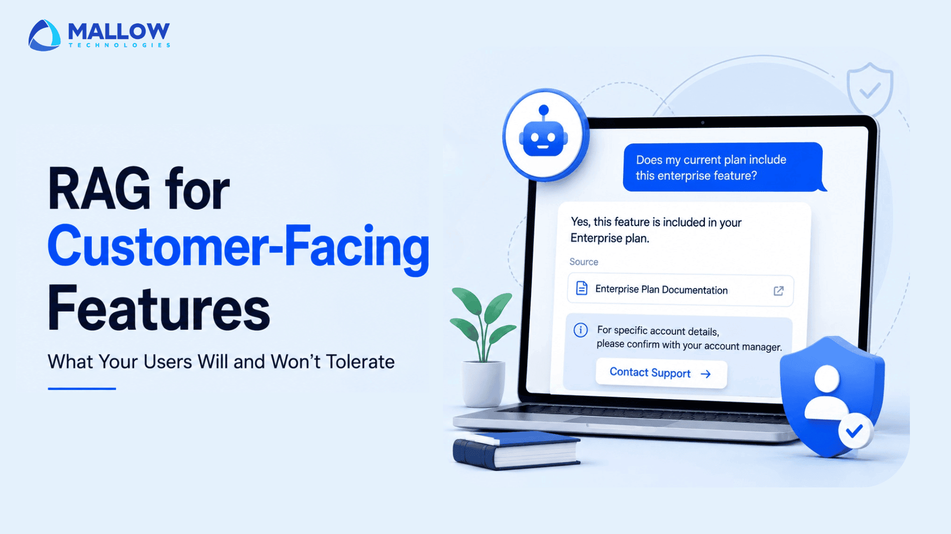 RAG for customer-facing features - Web and mobile app development company Banner promoting RAG for Customer-Facing Features: laptop screen showing chat UI with a blue theme and robot badge nearby.