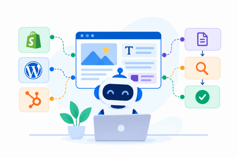 Cartoon robot with a laptop, connected to icons for Shopify, WordPress, HubSpot, a document, a magnifying glass, and a checkmark.