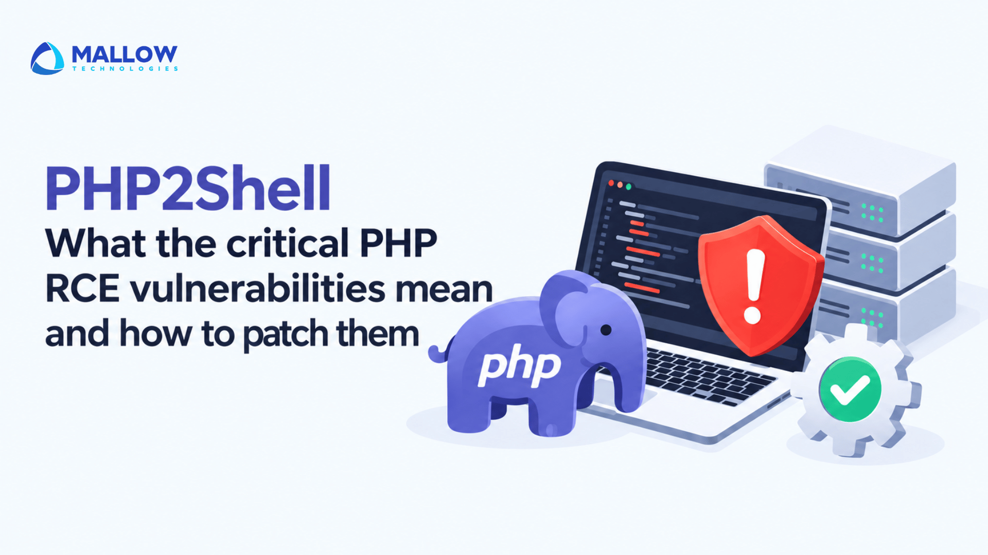 PHP - Web and mobile app development company MALLOW Technologies logo with the headline 'PHP2Shell' and a Computer/server illustration including a PHP elephant and shield.