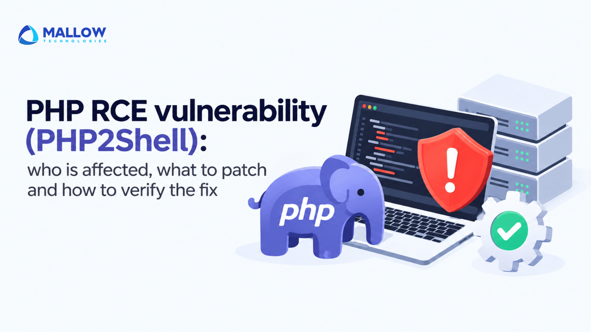 PHP2Shell - Web and mobile app development company Header image for an article on PHP RCE vulnerability (PHP2Shell); shows a laptop with code, PHP elephant, shield, and server racks.